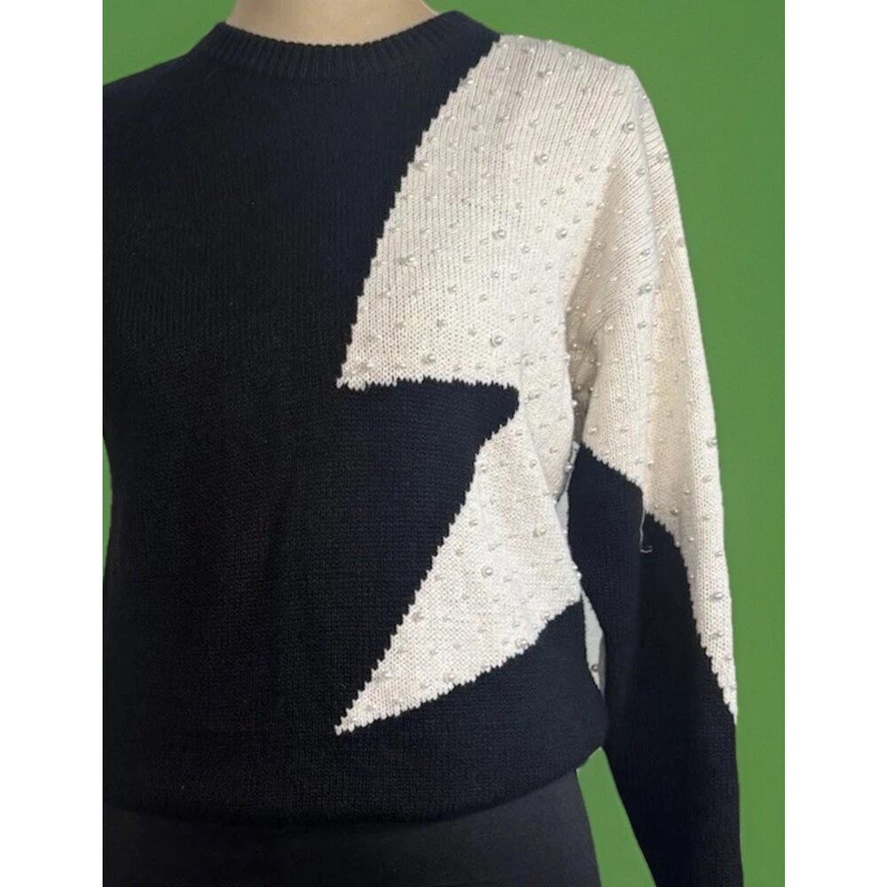 Vintage Pearl Star Sweater Black White Graphic Knit 80s Glam Statement Old Money - Picture 2 of 11